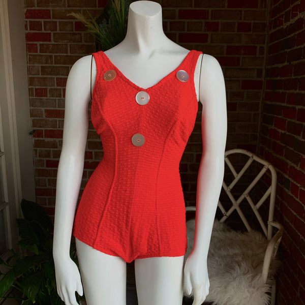 Early 1960s Knit Red and White Lucite Button Swimsuit