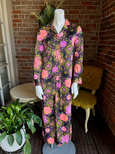 1960s Neon Jersey Maxi Dress Caftan