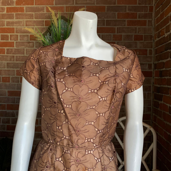 1960s Brown and Cream Floral Dress