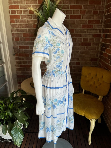 1950s Sheer Blue Roses Dress