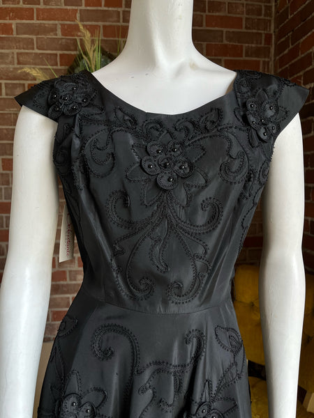 1950s Black Satin Soutache Dress