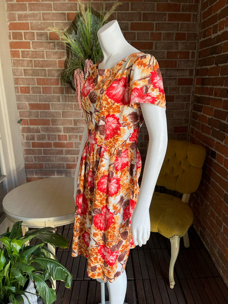 1960s Autumnal Print Cotton Dress