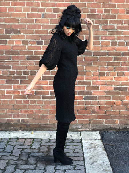 1960s Black Knit Dress Structured Sleeves
