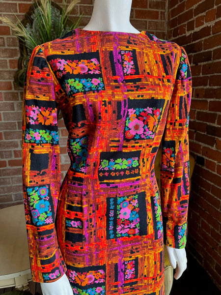 1960s Bark Cloth Neon Floral Dress