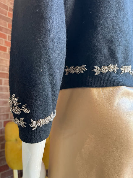 1950s Black Cashmere Gold Beaded Cardigan