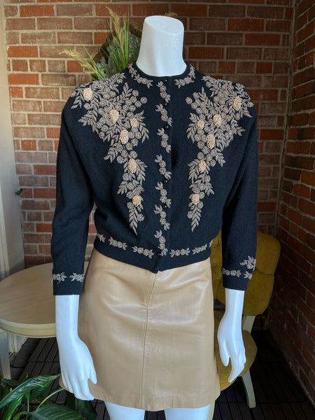 1950s Black Cashmere Gold Beaded Cardigan