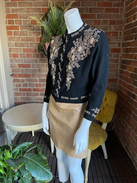 1950s Black Cashmere Gold Beaded Cardigan