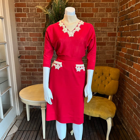 1950s Austrian Knit Sweater Skirt Set Cherry Red