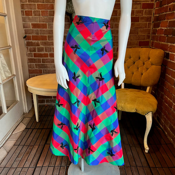 1970s Jewel Toned Taffeta Plaid Checkered Skirt