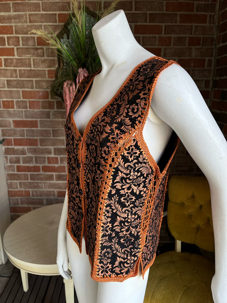 1970s Copper Bronze Hand-painted Crochet Suede  Vest