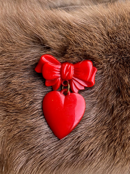 Vintage Red Bow Pin Heart