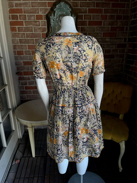 1970s Sheer Cotton Butterfly Floral Dress