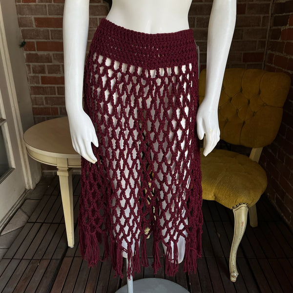 Y2K Cranberry Crochet Fringe Skirt