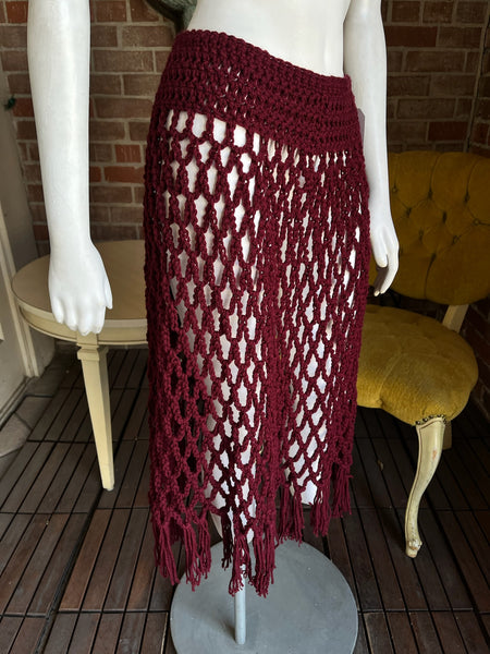 Y2K Cranberry Crochet Fringe Skirt