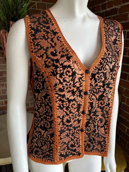 1970s Copper Bronze Hand-painted Crochet Suede  Vest