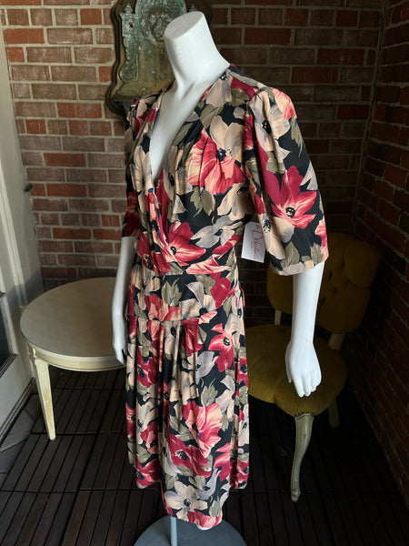 1990s Floral Rayon Crepe Dress