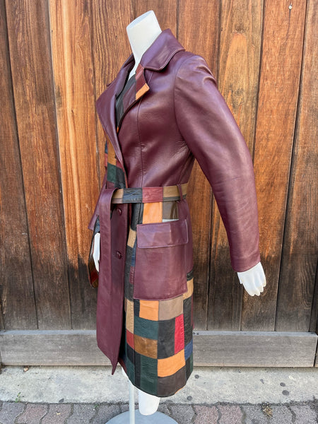 1970s Burgundy Ox Blood Patchwork Leather Trench