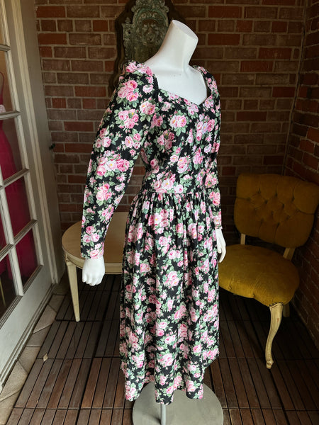 1980s Polished Cotton Roses Dress