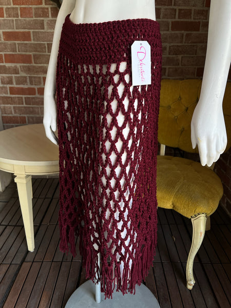 Y2K Cranberry Crochet Fringe Skirt