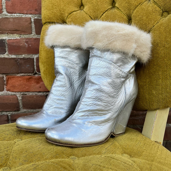 Vintage Silver Leather & Mink Trim Boots
