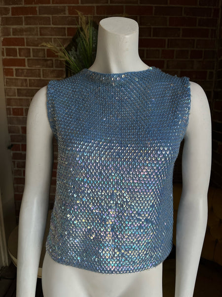 1960s Pastel Blue Sequined Knit Top