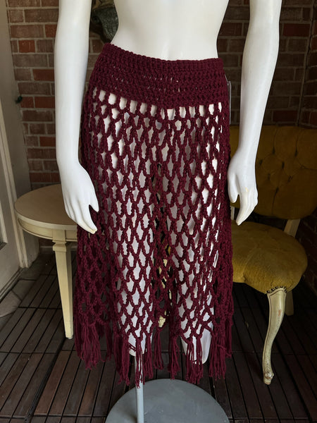 Y2K Cranberry Crochet Fringe Skirt