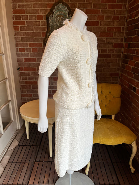 1960s White Knit Sweater Skirt Set
