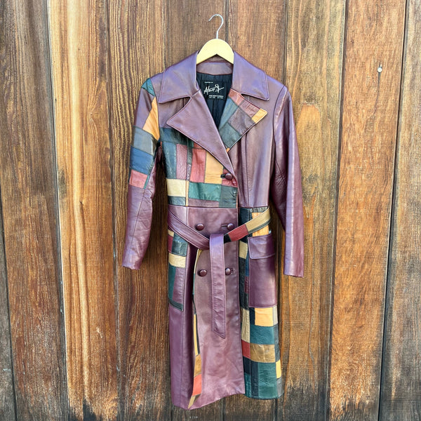 1970s Burgundy Ox Blood Patchwork Leather Trench