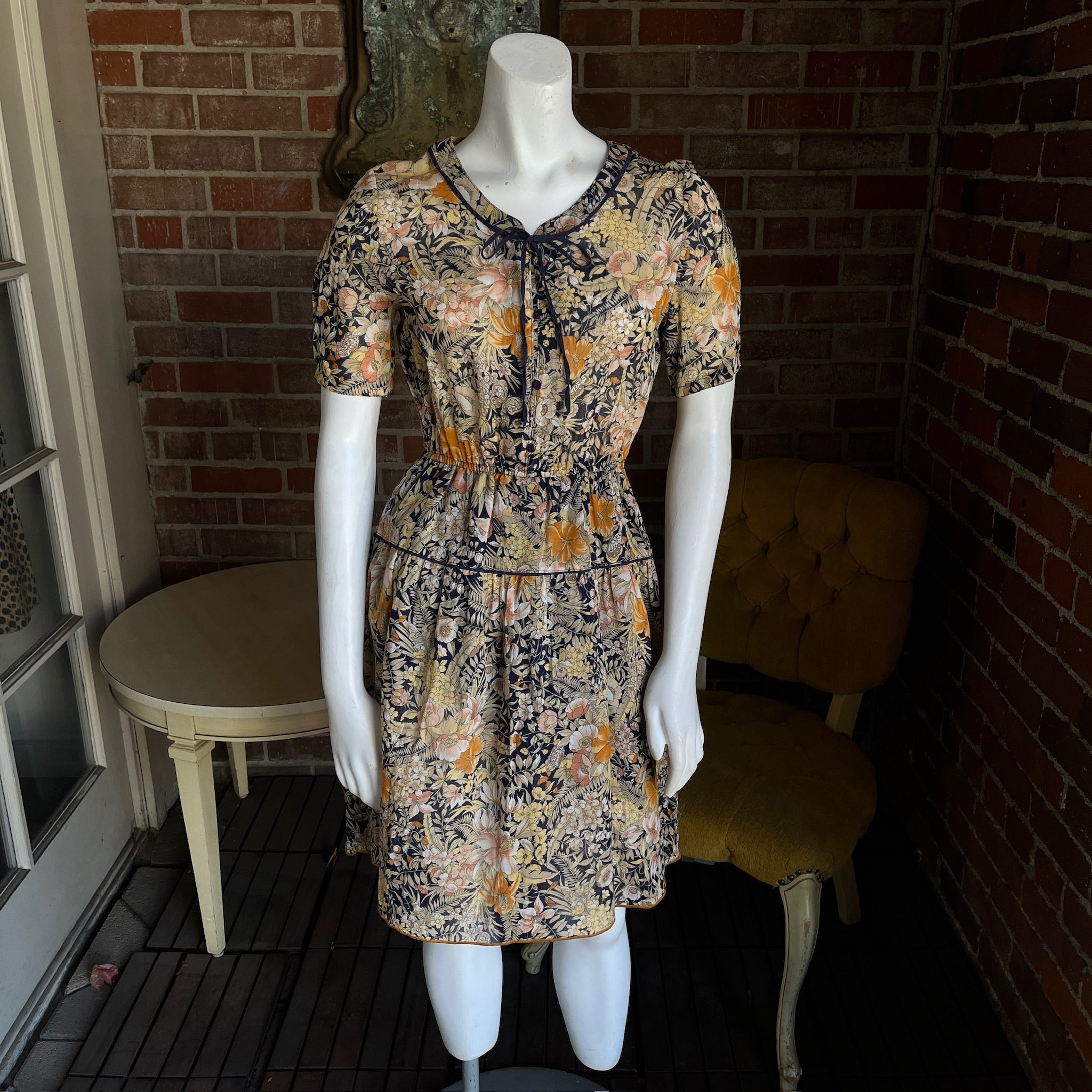 1970s Sheer Cotton Butterfly Floral Dress