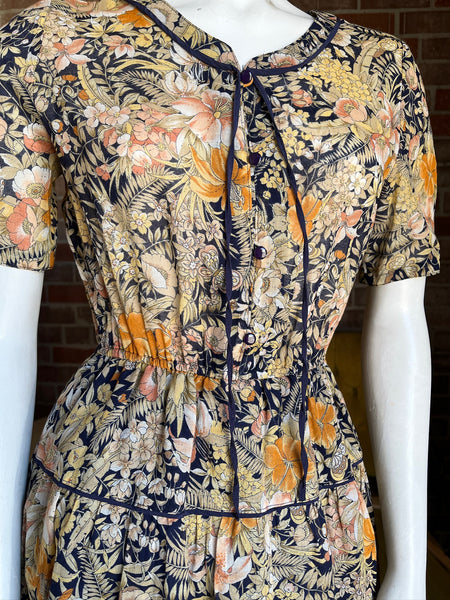 1970s Sheer Cotton Butterfly Floral Dress