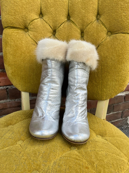 Vintage Silver Leather & Mink Trim Boots