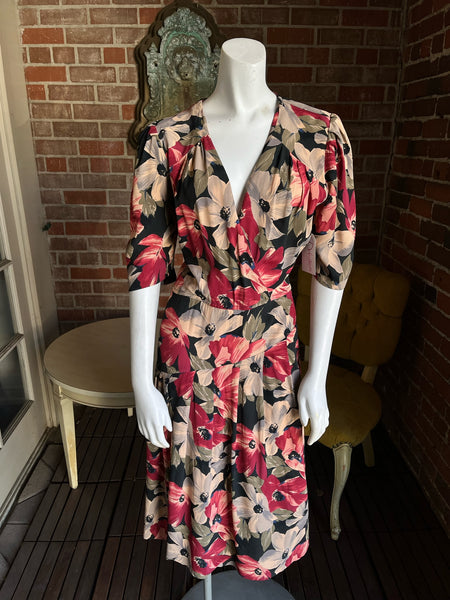 1990s Floral Rayon Crepe Dress