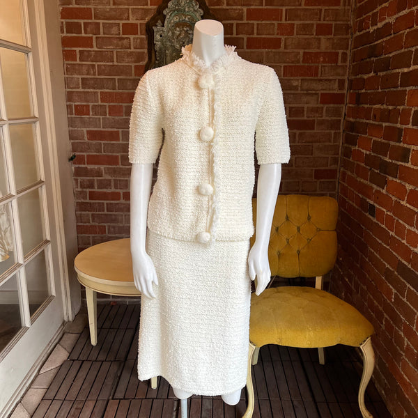 1960s White Knit Sweater Skirt Set