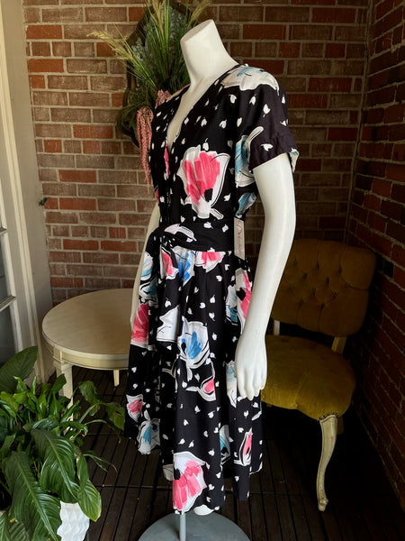 1980s does 1950s Black Floral Dress