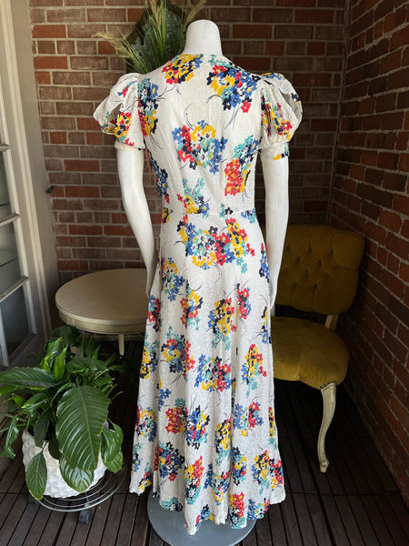 1930s Floral Print Gauze Puff Sleeve Dress