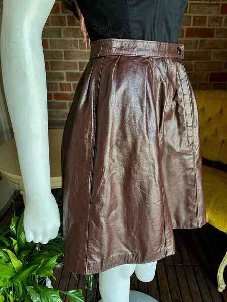 1970s Chocolate Leather Pleaded Mini Skirt