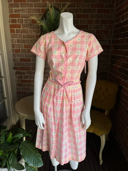 1940s Pink Gingham Floral Dress