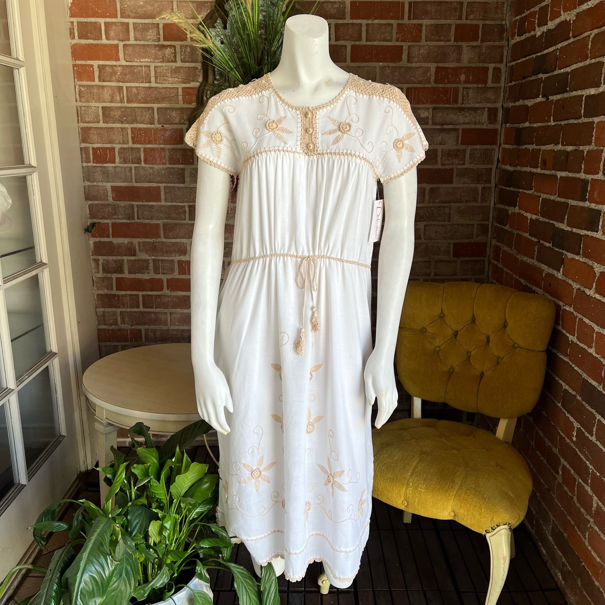 1970s White & Tan Embroidered Huipil Dress 1970s White & Tan Embroidered Huipil Dress