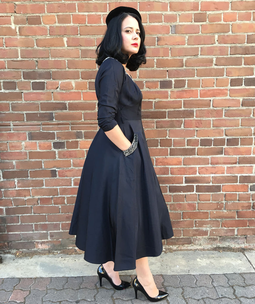 1950s Femme Fatale Taffeta Beaded Dress 1950s Femme Fatale Taffeta Beaded Dress