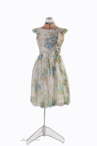 1950s Blue Floral Chiffon Party Dress
