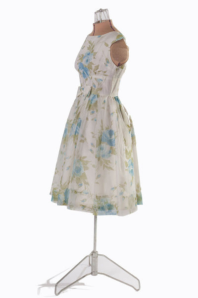 1950s Blue Floral Chiffon Party Dress