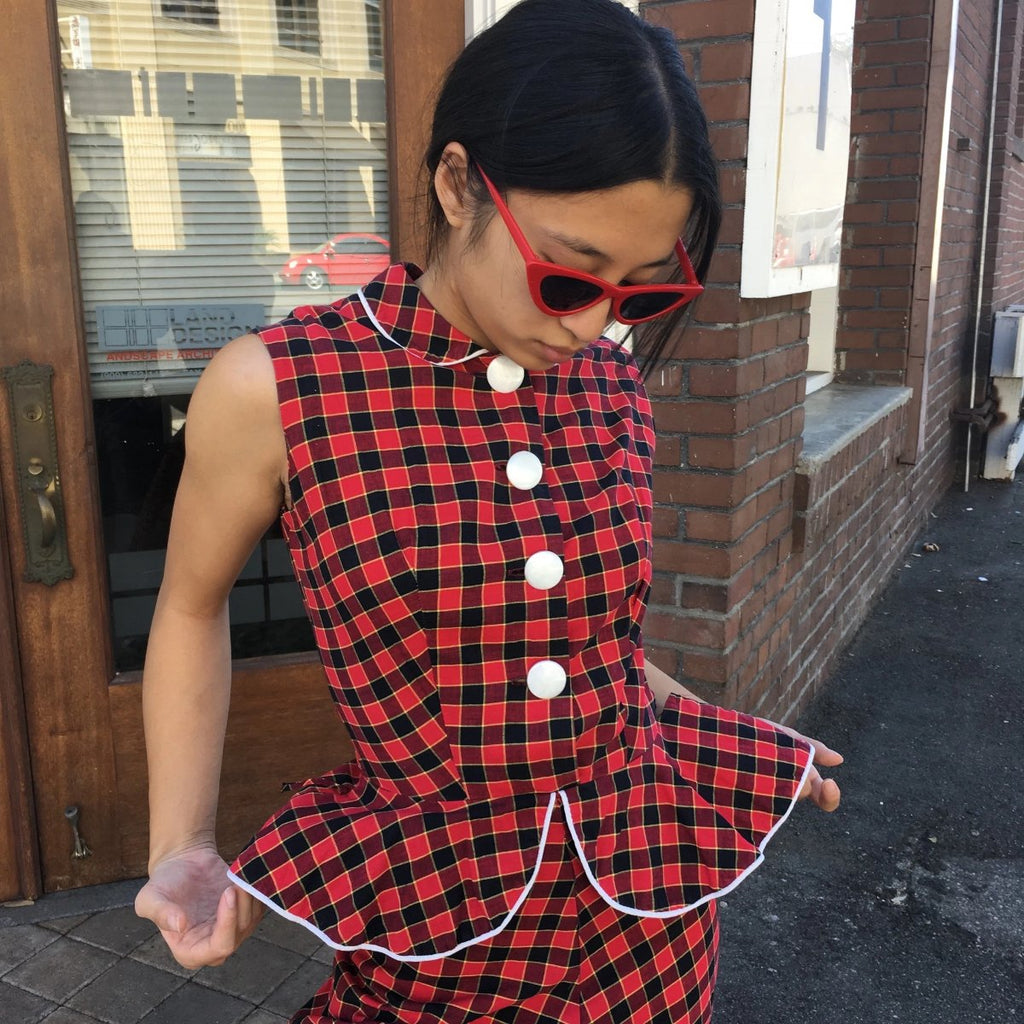 plaid peplum dress Plaid Peplum Skirt Dress with Pockets and Puff Sleeve in Red S