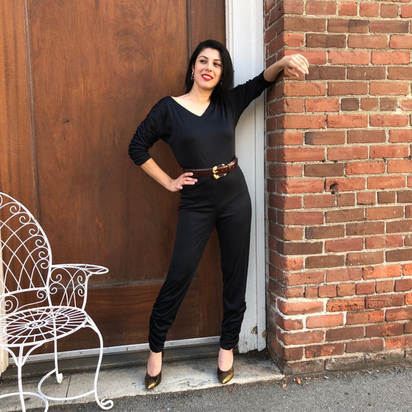 1970s Does 50s Bad Girl Black Catsuit Jumpsuit