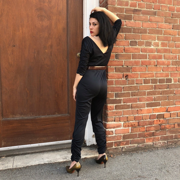 1970s Does 50s Bad Girl Black Catsuit Jumpsuit