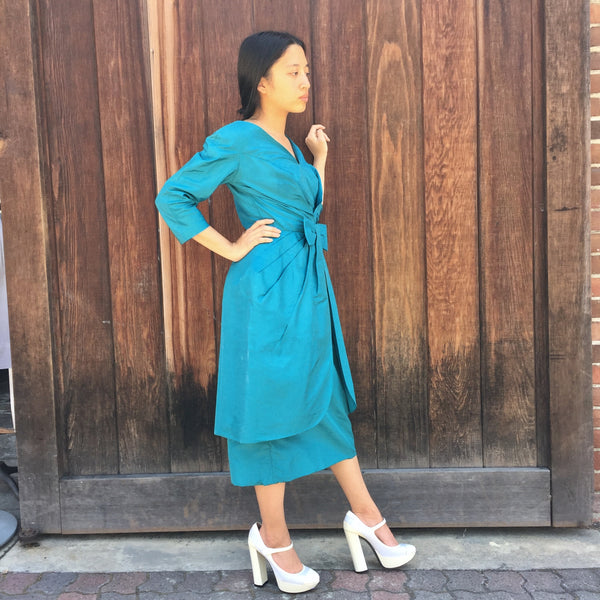 Vintage 1950's Abstract Teal Silk Cocktail Dress
