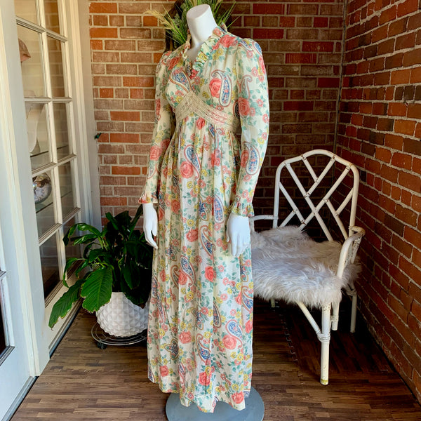 1970s Ruffled Floral and Crochet Maxi Dress