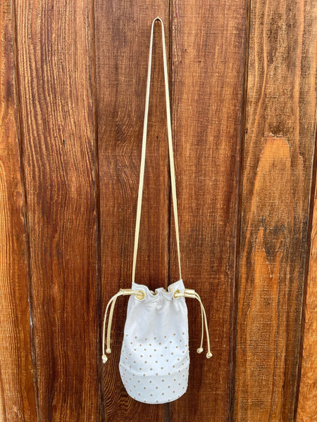 1980s White and Gold Studded Drum Crossbody Purse