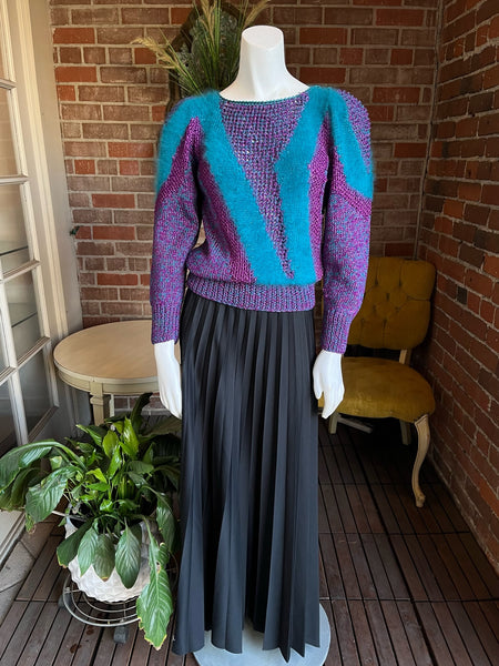 1980s Purple and Teal Knit Angora Striped Sweater