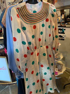 1980s 40s Style Green and Red Dot Silk Dress