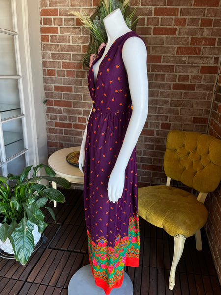 1970s Purple Roses Maxi Dress